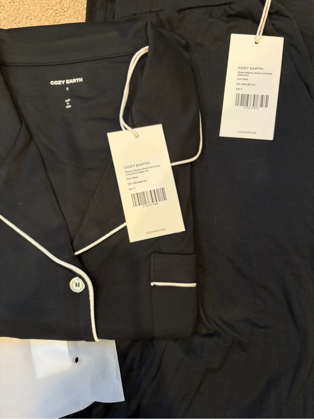 Cozy Earth Long Sleeve/pant Bamboo Black Pajama Set with White Piping - Picture 2 of 4
